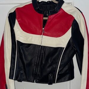 Urban Outfitters Red, Black, and Cream Leather Jacket